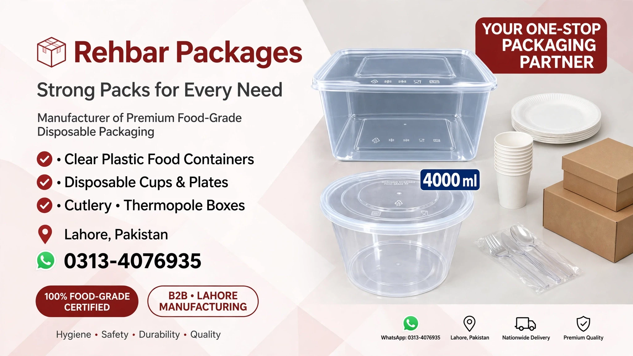 Rehbar Packages cover: your one-stop packaging partner in Lahore, plastic containers, cups, plates and cutlery