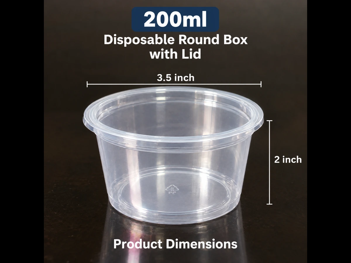 Clear 200ml round disposable box with lid from Rehbar Packages in Lahore