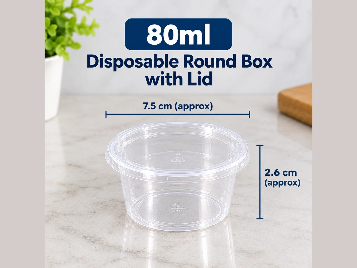 Clear 80ml round disposable box with lid from Rehbar Packages in Lahore