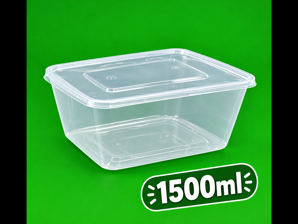 Clear 1500ml rectangular plastic food container with fitted lid and 1500 ml badge