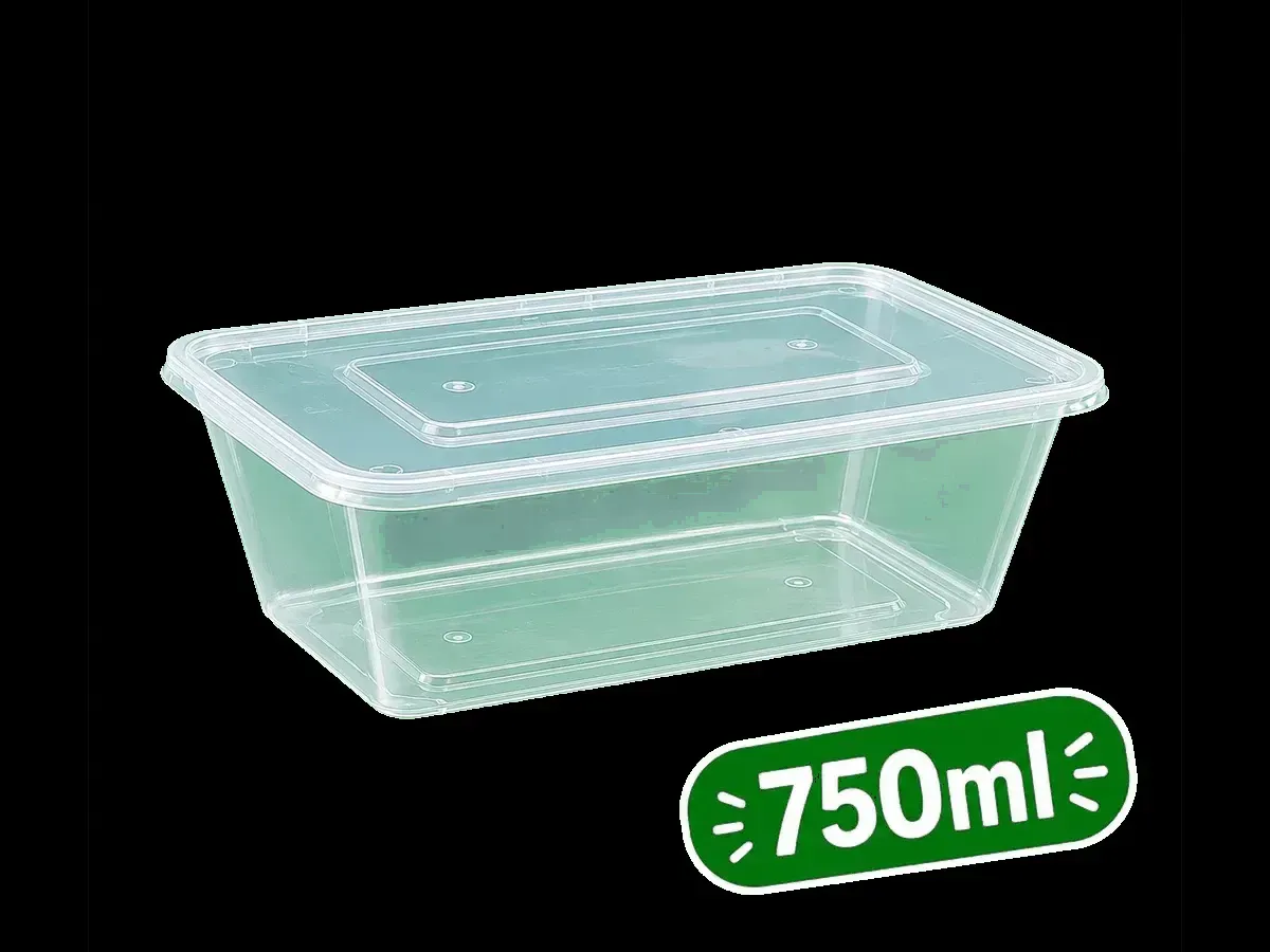 Clear 750ml rectangular plastic food container with lid from Rehbar Packages in Lahore