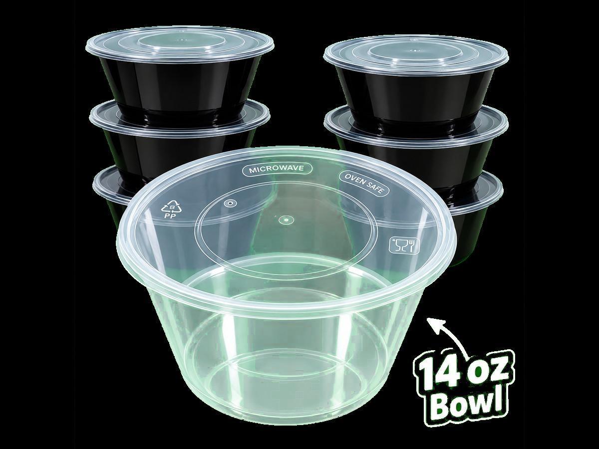 Assorted clear plastic food containers and bowls, shown for the 14oz Bowl
