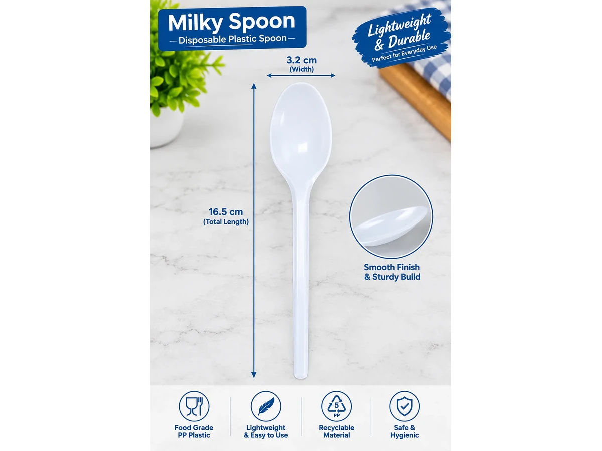 White Long Tail Spoon disposable plastic spoon from Rehbar Packages in Lahore